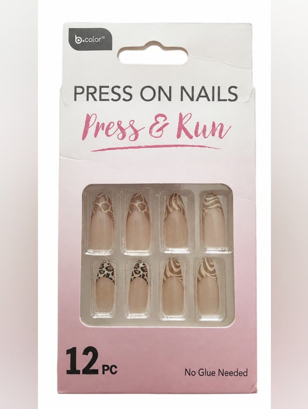 b.color Press & Run 12 Pc Animal Print Press-On Nails Pre-Glued Nude Square Tips